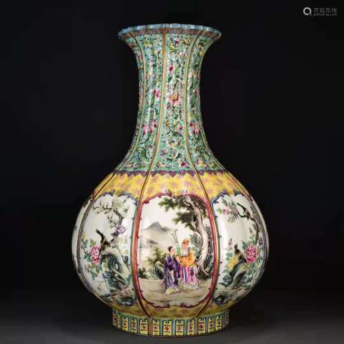 FAMILLE ROSE ENCLOSING FIGURE AND FLOWERS LOBED VASE, QING Q...