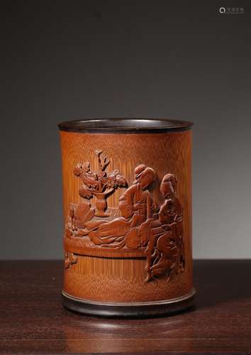 A WOOD INLAID BAMBOO BRUSH POT MARK WITH WU ZHIPAN