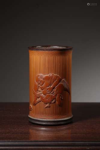 CARVED BAMBOO LIUHAI AND HIS TOAD BRUSH POT