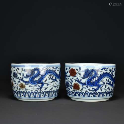 PAIR OF UNDERGLAZE BLUE AND COPPER RED GLAZE CHILONG CRICKET...