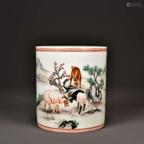 FAMILLE ROSE THREE RAMS BRUSH POT