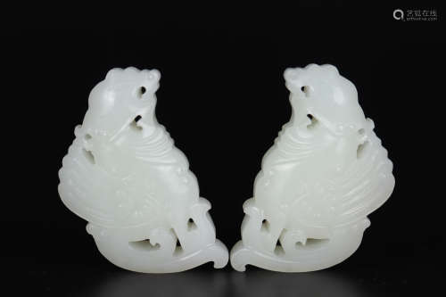 PAIR OF CARVED JADE PHOENIX ORNAMENTS