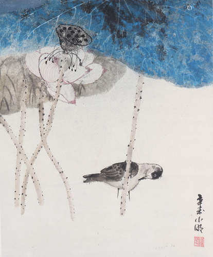 CHINESE LOTUS AND AQUATIC BIRD PAINTING