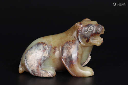 CELADON AND BROWNISH JADE FIGURE OF BEAST