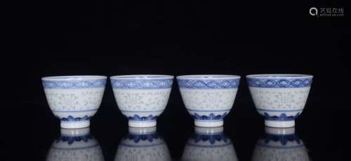 SET OF FOUR BLUE AND WHITE PRUNUS, ORCHID, BAMBOO AND CHRYSA...