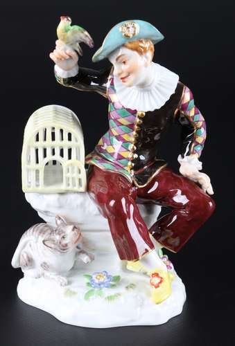 Meissen Harlekin mit Vogelkäfig, harlequin figure,