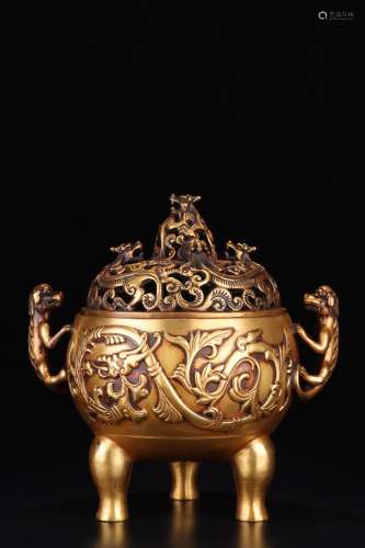 旧藏 铜胎鎏金 螭龙盘山三足 香薰炉