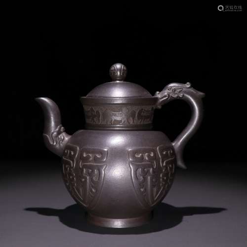 徐汉棠款 紫砂黑泥龙纹茶壶