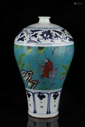 Blue and white silk pinching enamel figure plum bottle with ...