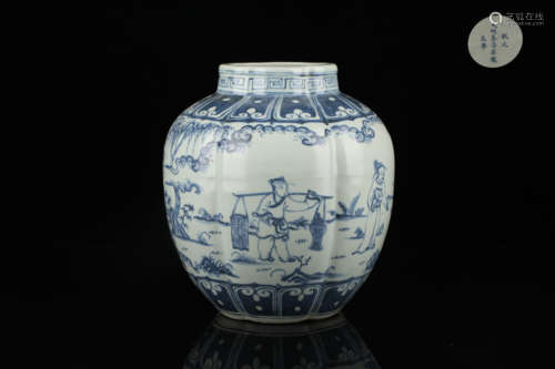 Blue and white character story melon ridge jar