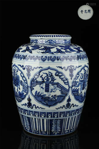 Blue and white cloud crane pattern windowing god beast jar