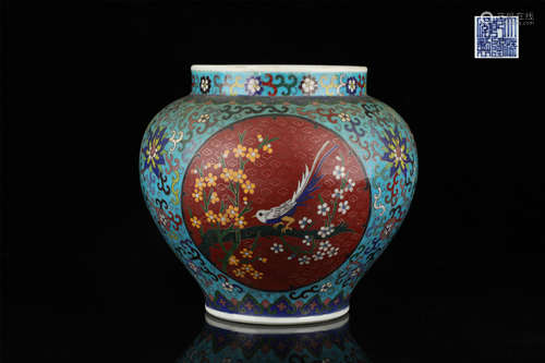 porcelain inlay enamel windowing pot with birds and flowers