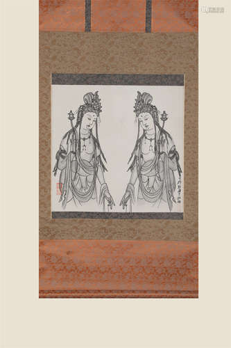 China Zhang Daqian- Bodhisattva Statue Hanging Scroll