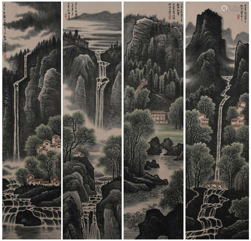 China Li Keran- landscape four screen hanging scroll