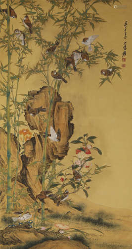 China Zhang Daqian- Gold Paper Flower and Bird Vertical axis