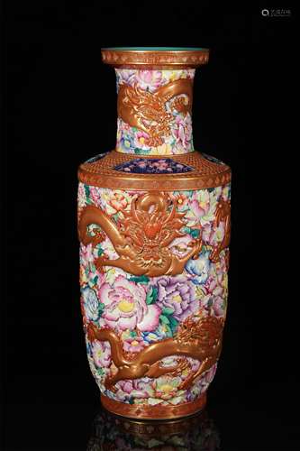 Enamel painted gold carved dragon wearing peony stick bottle