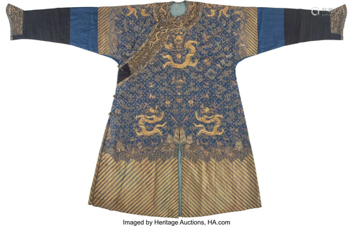 A Chinese Blue Ground Bullion-Embroidered Silk D