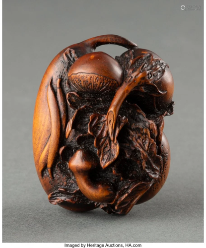 A Japanese Carved Wood Vegetables Netsuke Marks