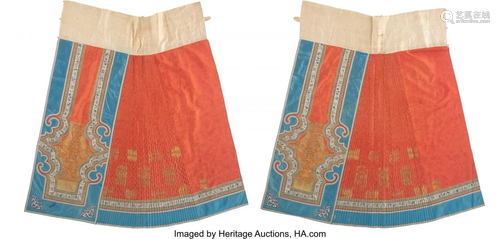 A Pair of Chinese Red Ground Embroidered Silk Sk