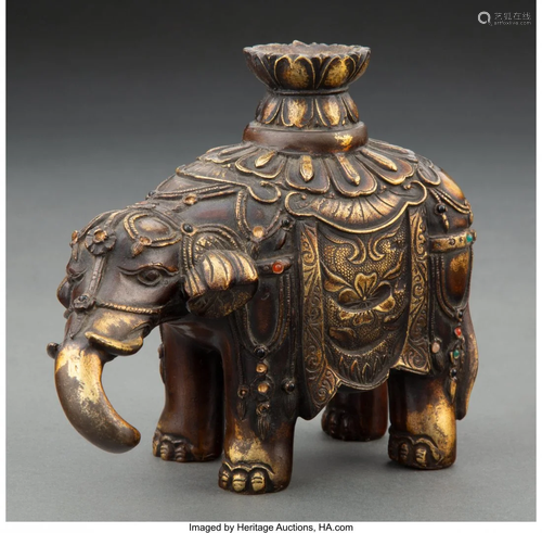 A Chinese Gilt Bronze Elephant 4-7/8 x 6-1/4 x 3