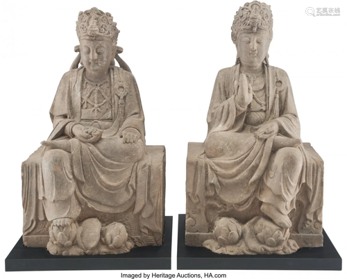 A Pair of Chinese Carved Stone Bodhisattva Statu