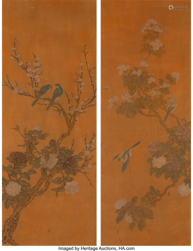 A Pair of Chinese Painted Silk Panels 17-1/2 x 4