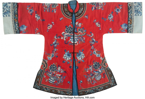 A Chinese Red Ground Embroidered Women's Silk Ja