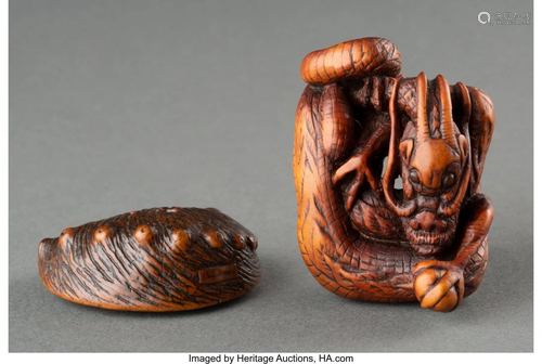 Two Japanese Carved Wood Animal Netsuke 2 x 1-1/