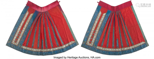 A Pair of Chinese Red Ground Embroidered Silk Sk