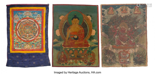 Three Tibetan Painted Silk Thangkas 27-3/4 x 21-