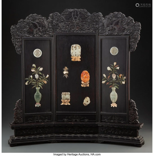 A Chinese Jade and Hardstone Inlaid Table Screen