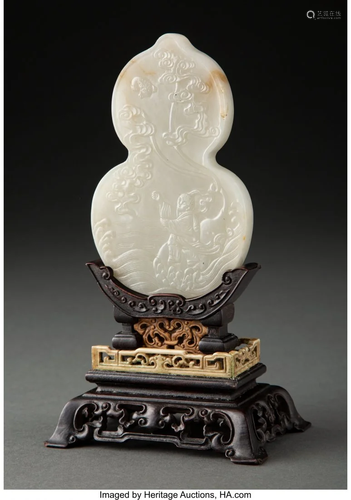 A Chinese Carved White Jade Double Gourd Plaque,