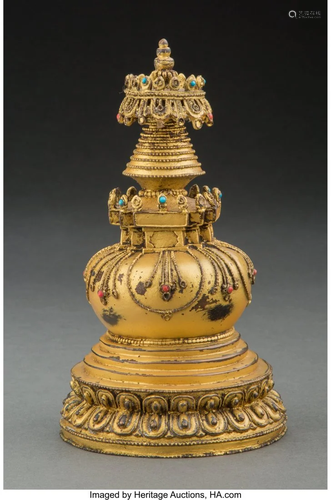 A Tibetan Gilt Bronze Stupa 7-1/8 x 4 inches (18