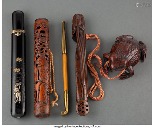 A Group of Three Japanese Wood Pipe Cases, Meiji