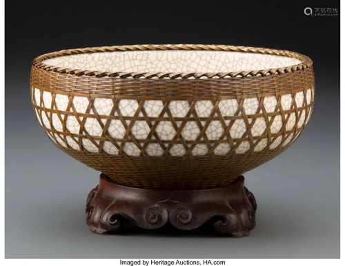 A Japanese Awaji Pottery Bowl Set in Brass Woven