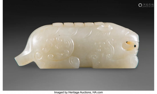 A Chinese Pale Celadon Jade Tiger 1 x 3-1/4 x 1