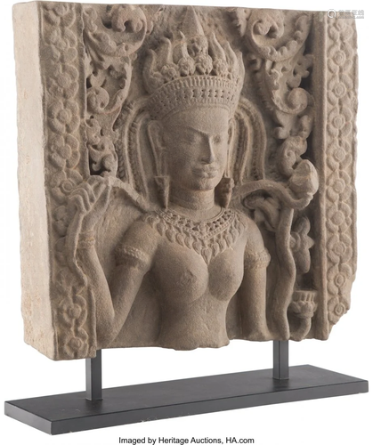 A Carved Sandstone Apsara 16-1/2 x 17-1/2 x 4 in