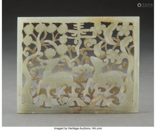 A Chinese Celadon Jade Deer Plaque, Ming Dynasty