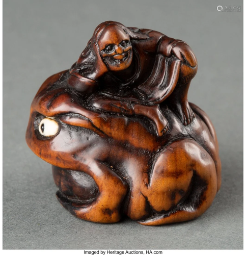 A Japanese Carved Wood Toad and Old Woman Netsuk