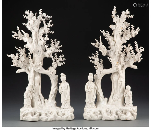 A Pair of Blanc-de-Chine Tree with Figures, Qing