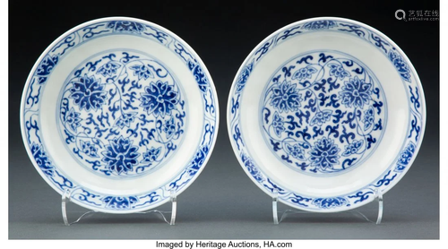 Two Chinese Blue and White Lotus Dishes Marks on