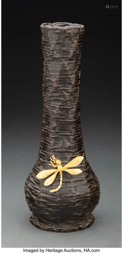 A Japanese Mixed Metal Vase with Applied Dragonf