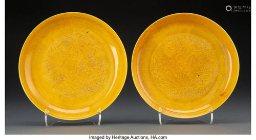 A Pair of Chinese Yellow Glazed Dragon Plates, Q