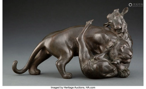 A Japanese Bronze Model of Tiger and Ram by Genr