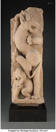 An Indian Carved Sandstone Figure of Vyala Tramp