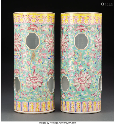 A Pair of Chinese Enameled Porcelain Hat Stands,