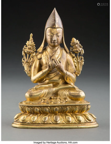 A Tibetan Copper Alloy Figure of Tsongkhapa 6-1/