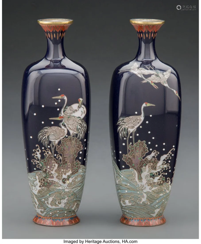 A Pair of Japanese Cloisonné Wave and Crane Vas