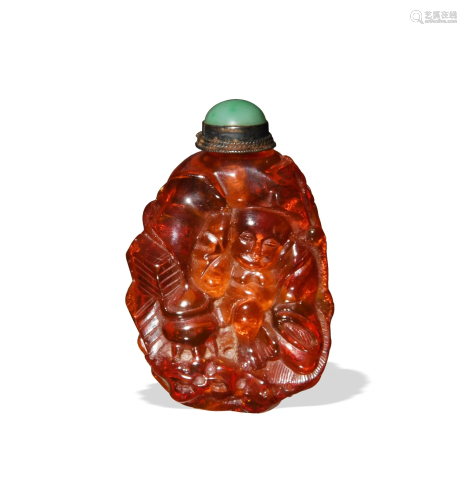 Chinese Carved Amber Snuff Bottle, 19th C#十九世纪 琥珀雕人物...