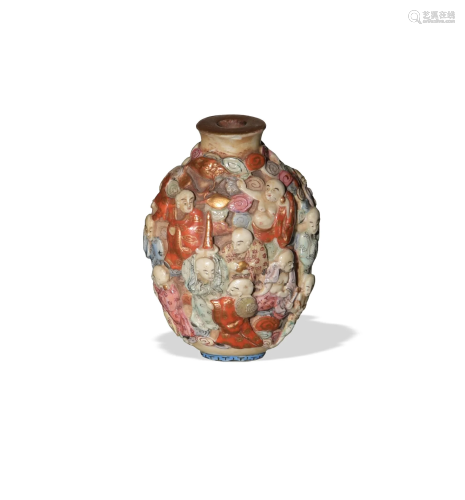 Chinese Carved Porcelain Snuff Bottle, 19th C#十九世纪 粉彩雕...